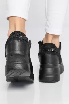 Kadın Yüksek Taban Bağcıklı Spor Ayakkabı Siyah