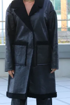 Kadın Zara Ön Cep Detaylı İçi Kürklü Uzun Kaban Siyah