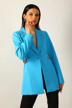 Kadın Zincir Detaylı Astarlı Uzun Blazer Ceket Mavi