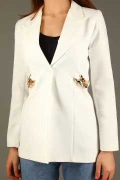 Kadın Zincir Detaylı Astarlı Uzun Blazer Ceket Krem