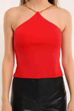 Kadın Zincir Detaylı Crop Triko Bluz Kırmızı