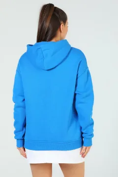Kadın Baskılı Kapüşonlu Üç İplik Şardonlu Oversize Sweatshirt Mavi