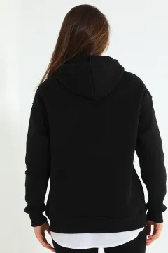 Kadın Baskılı Kapüşonlu Üç İplik Şardonlu Oversize Sweatshirt Siyah