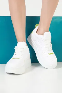 Kadın Bağcıklı Yüksek Taban Günlük Spor Ayakkabı Beyazyeşil
