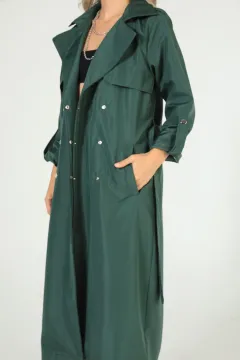 Kadın Bel Kuşaklı Çıtçıtlı Uzun Trençkot Yeşil