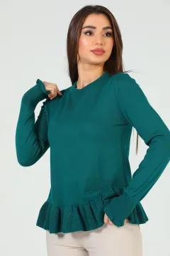 Kadın Bel Pileli Triko Kazak Yeşil