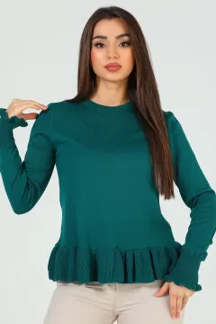 Kadın Bel Pileli Triko Kazak Yeşil