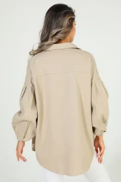 Kadın Bilek Büzgülü Cepli Çıtçıtlı Oversize Gabardin Ceket Taş