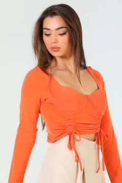 Kadın Büzgülü Crop Bluz Orange