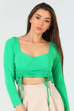 Kadın Büzgülü Crop Bluz Yeşil