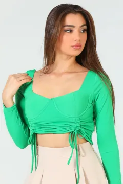 Kadın Büzgülü Crop Bluz Yeşil