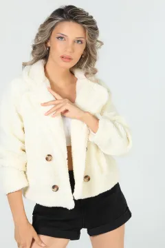 Kadın Cepli Peluş Ceket Krem