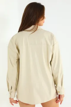 Kadın Deri Gömlek Ceket Krem