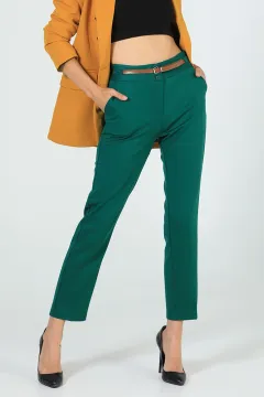 Kadın İnce Kemerli Kumaş Pantolon Yeşil
