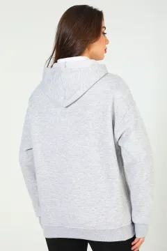 Kadın Kapüşonlu Şardonlu Üç İplik Sweatshirt Gri