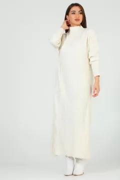 Kadın Kendinden Desenli Triko Elbise Taş