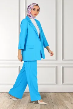 Kadın Palozzo Pantolonlu Astarlı Tesettür Blazer İkili Takım Mavi