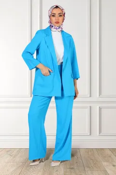 Kadın Palozzo Pantolonlu Astarlı Tesettür Blazer İkili Takım Mavi