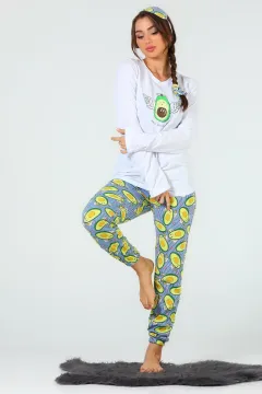 Kadın Tokalı Uyku Bantlı Desenli Pijama Takımı Beyaz