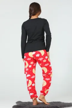 Kadın Tokalı Uyku Bantlı Desenli Pijama Takımı Siyah