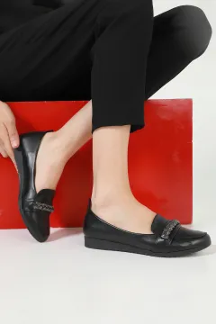 Kadın Tokası Taş Detaylı Şık Babet Ayakkabı Siyah
