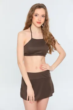 Kadın Likralı Halter Yaka Boyundan Bağlamalı Pedli Etekli Bikini Takım Kahve