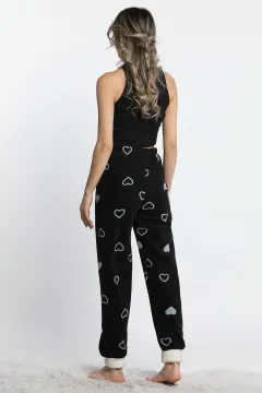 Kadın Kalp Desenli Polar Pijama Altı Siyah