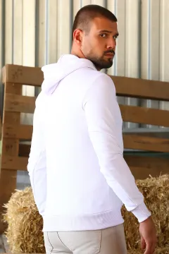 Kapüşonlu Cepli Ön Baskılı Uzun Kollu Erkek Sweatshirt Beyaz