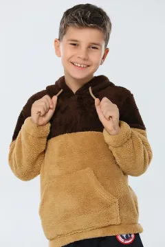 Kapüşonlu Erkek Çocuk Polar Sweatshirt Kahve