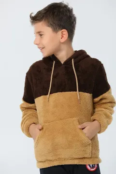 Kapüşonlu Erkek Çocuk Polar Sweatshirt Kahve