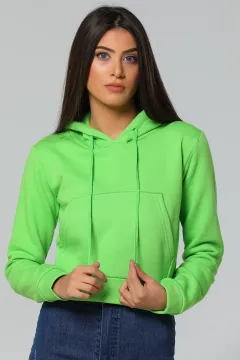 Kapüşonlu Içi Şardonlu Crop Swetshirt Fıstık Yeşili