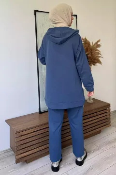Kapüşonlu Yarım Fermuarlı Tunik Pantolon Tesettür İkili Takım İndigo