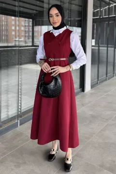 Kemerli Tesettür Jile Elbise Bordo