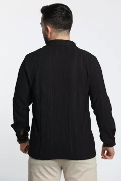 Kendinden Çizgi Desenli Uzun Kol Erkek Gömlek Siyah