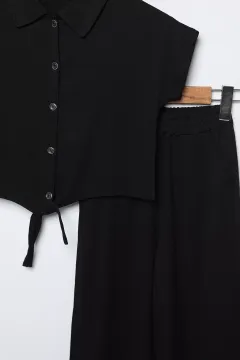 Kendinden Desenli Gömlek Pantolon Kız Çocuk İkili Takım Siyah