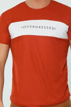 Erkek Likralı Bisiklet Yaka Overdressed Baskılı T-shirt Kiremit