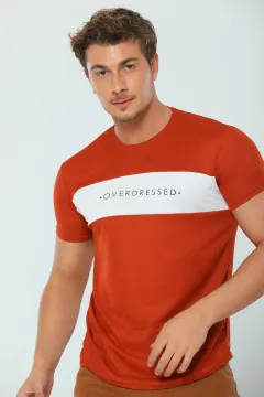 Erkek Likralı Bisiklet Yaka Overdressed Baskılı T-shirt Kiremit