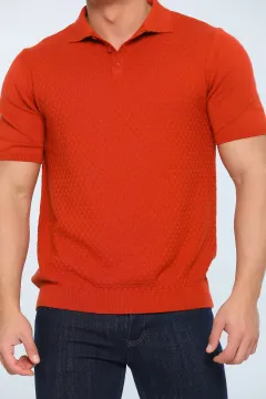 Erkek Likralı Polo Yaka Mevsimlik Triko T-shirt Kiremit