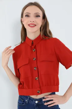 Kadın Kısa Kollu Yazlık Ayrobin Crop Gömlek Ceket Kiremit