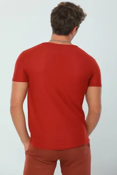 Erkek Likralı V Yaka Basic T-shirt Kiremit