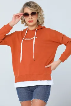 Kadın Kapüşonlu Basklı Eteği Parçalı Kumaş Sweatshirt Kiremit