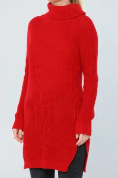 Kadın Modest Boğazlı Örme Triko Tunik Kırmızı