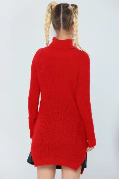 Kadın Likralı Boğazlı Uzun Triko Tunik Kırmızı