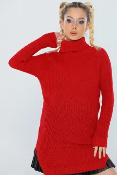 Kadın Likralı Boğazlı Uzun Triko Tunik Kırmızı
