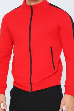 Dik Yaka Fermuarlı Cepli Erkek Sweatshirt Kırmızı