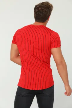 Erkek Likralı Bisiklet Yaka Dik Çizgili T-shirt Kırmızı