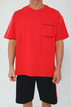 Erkek Oversize Likralı Bisiklet Yaka Körük Cepli T-shirt Kırmızı