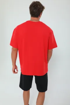 Erkek Oversize Likralı Bisiklet Yaka Körük Cepli T-shirt Kırmızı