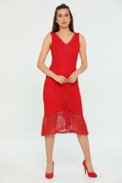 Kadın Güpürlü Etek Ucu Volanlı Abiye Elbise Kırmızı