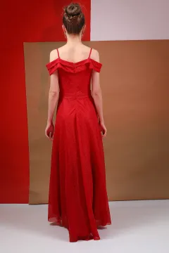 Kadın Askılı Düşük Omuz Detaylı Işıltılı Uzun Tül Abiye Elbise Kırmızı